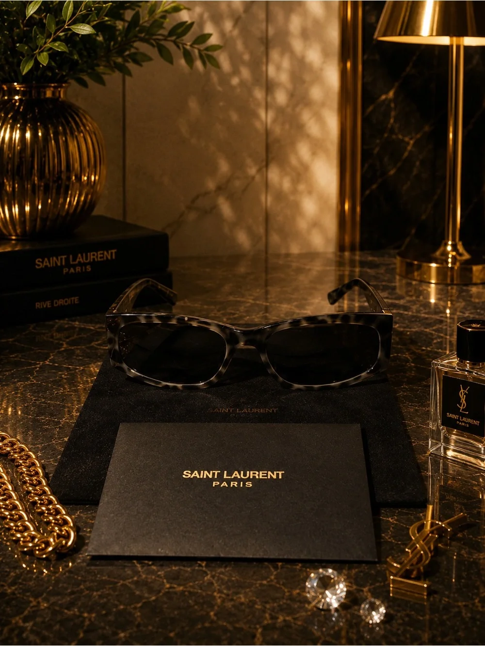 Saint Laurent Tortoiseshell Rectangular Sunglasses in Brown/Black